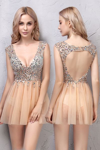 a line gauze homecoming dresses sleeveless deep v neck cystal sequins backless sweetheart champagne beading prom dresses, Black
a line gauze homecoming dresses sleeveless deep v neck cystal sequins backless sweetheart champagne beading prom dresses, Black