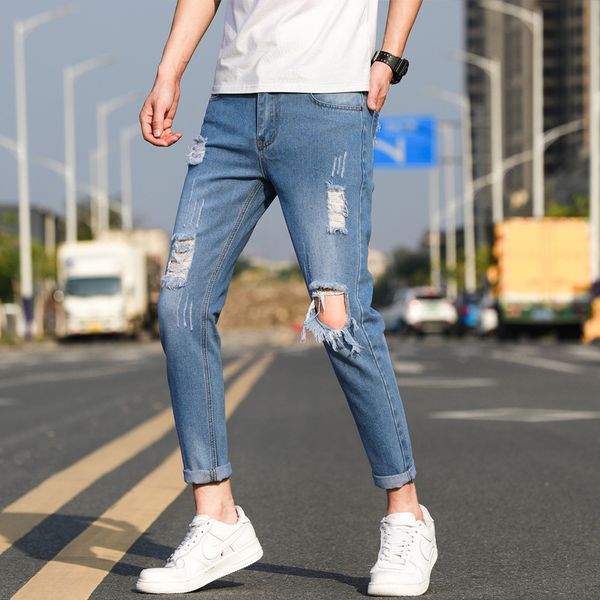 ripped jeans nine points popular logo slim pants with tiny feet the beggar men's new summer 2019 look casual and simple, Blue
ripped jeans nine points popular logo slim pants with tiny feet the beggar men's new summer 2019 look casual and simple, Blue