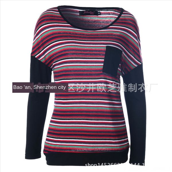 2019 autumn women's colorful stripe stitching shoulder sleeve chest pocket long sleeve casual women's t-shirt, White
2019 autumn women's colorful stripe stitching shoulder sleeve chest pocket long sleeve casual women's t-shirt, White
