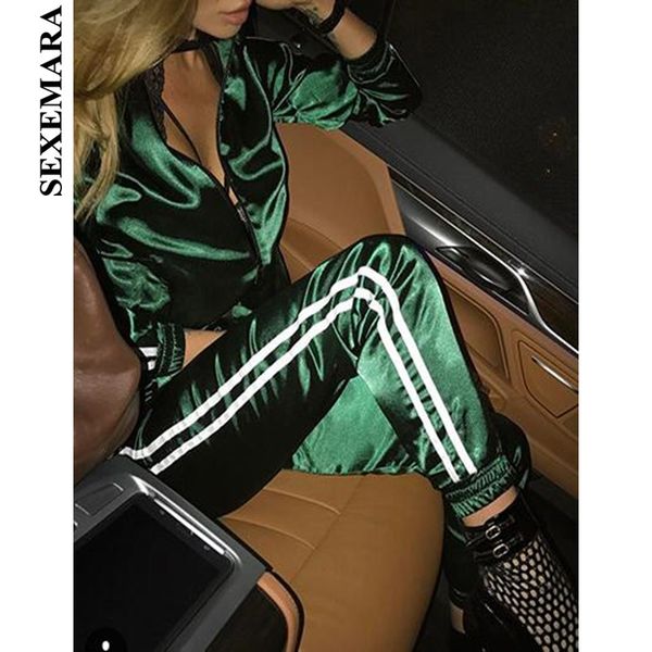sexemara spring 2018 casaul tracksuit women 2 piece set and pants satin striped patchwork zipper sweatshirt sweat suit, White 
sexemara spring 2018 casaul tracksuit women 2 piece set and pants satin striped patchwork zipper sweatshirt sweat suit, White