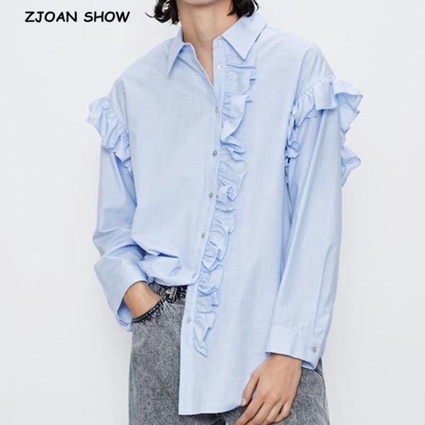 2020 new sky blue stitching ruffles long sleeve shirt poplin vintage puff long sleeve single-breasted button blouse loose, White
2020 new sky blue stitching ruffles long sleeve shirt poplin vintage puff long sleeve single-breasted button blouse loose, White