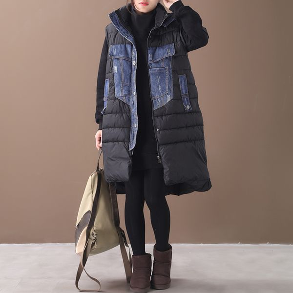 2019 female new winter korean style plus size outerwear literary denim stitching padded loose vest, Black;white
2019 female new winter korean style plus size outerwear literary denim stitching padded loose vest, Black;white