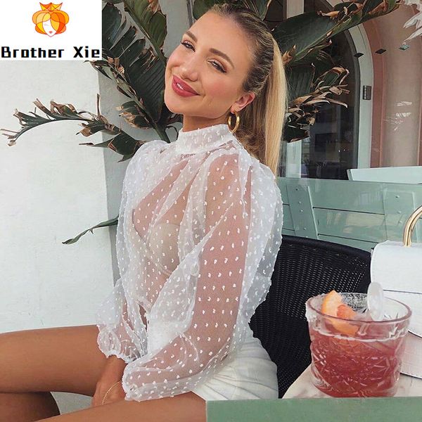 women transparent dots emboridery blouse 2020 fashion puff long sleeve mesh shirt female chic see through blouses, White
women transparent dots emboridery blouse 2020 fashion puff long sleeve mesh shirt female chic see through blouses, White