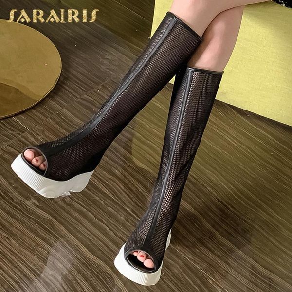 sarairis 2020 new design large size 46 peep toe platform knee-high boots woman shoes platform comfortable shoes women boots, Black