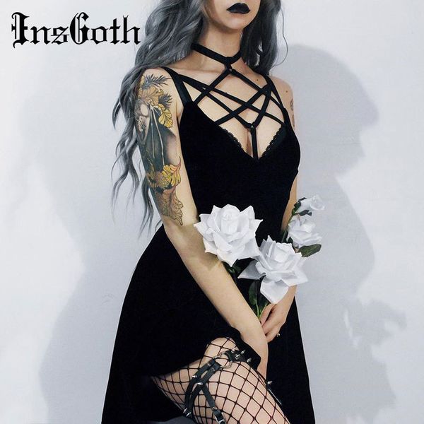 insgoth gothic black maxi dress halter cross straps pentagram hollow out slim women dress party vintage split long dress, Black;pink
insgoth gothic black maxi dress halter cross straps pentagram hollow out slim women dress party vintage split long dress, Black;pink