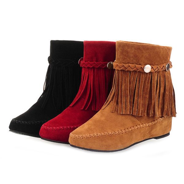 women walking shoes ladies high increasing heel tassel botas wedge ankle boots low heel flock material round toe plus size 35-43, Black
women walking shoes ladies high increasing heel tassel botas wedge ankle boots low heel flock material round toe plus size 35-43, Black