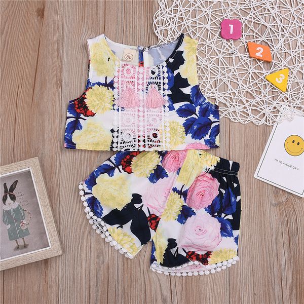 

summer baby girl kids clothes set flower printed sleeveless trendy vest shorts 2 piece set kids designer clothes girls jy485, White