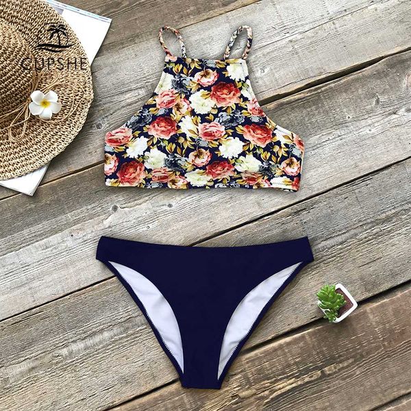 

cupshe floral and navy braided strap tank bikini sets women high-neck two pieces swimsuits 2019 girl beach boho bathing suits