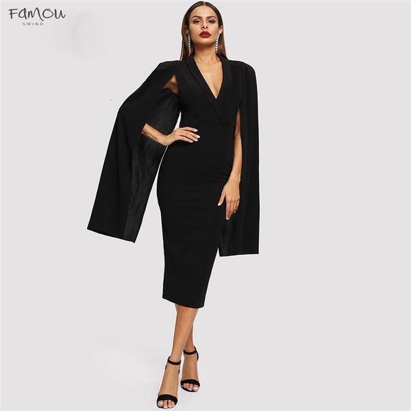 Collar Cape Sleeve Deep V Neck Shawl Surplice Black Split Hem Pencil Bodycon Maxi Dress Women Spring Party Dresses