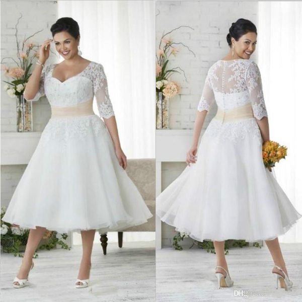 plus size wedding dresses vintage lace appliques bohemian wedding dress with sheer half sleeves v neck tea length a line beach bridal gowns, White
plus size wedding dresses vintage lace appliques bohemian wedding dress with sheer half sleeves v neck tea length a line beach bridal gowns, White