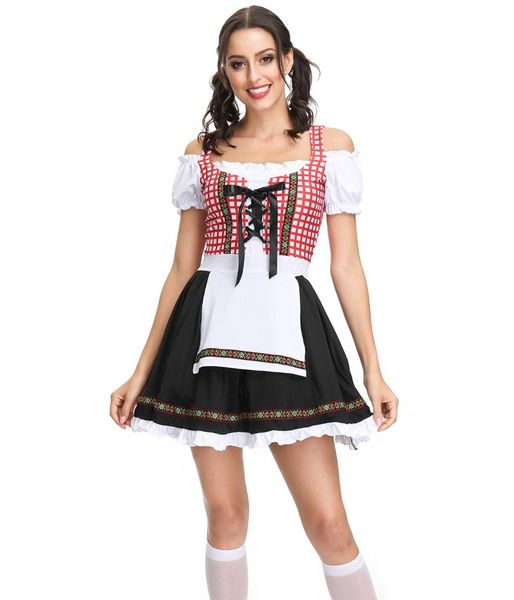 

women halloween bavarian traditional festival party dirndl dress germany oktoberfest beer girl maid wench costume, Black;red