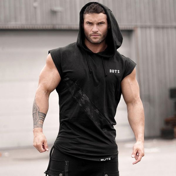 

men running tank sleeveless sports t shirts fitness singlet stringer hoodies muscle bodybuilding sportswear gym vest, Black;blue