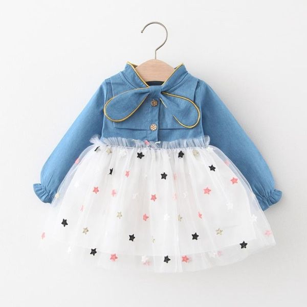 Girls Princess Dress 2020 Autumn Children Kids Baby Infants Bowtie Jeans Star Mesh Patchwork Long Sleeve Party Dresses S10993