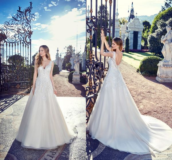 2019 v neck lace a line wedding dresses sleeveless tulle applique beaded backless court train wedding bridal gowns with buttons, White
2019 v neck lace a line wedding dresses sleeveless tulle applique beaded backless court train wedding bridal gowns with buttons, White