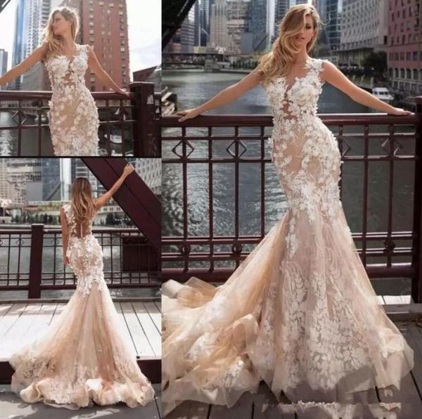 charming champagne mermaid lace wedding dress crew neck sleeveless 3d floral appliqued wedding bridal gowns illusion back with button, White
charming champagne mermaid lace wedding dress crew neck sleeveless 3d floral appliqued wedding bridal gowns illusion back with button, White