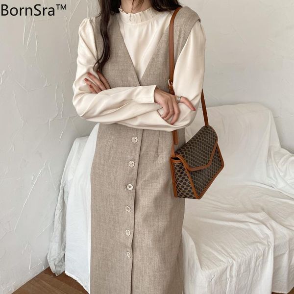 work dresses bornsra wooden ear small stand collar shirt + buckle v-neck sleeveless strap dress two piece suit, White;black
work dresses bornsra wooden ear small stand collar shirt + buckle v-neck sleeveless strap dress two piece suit, White;black