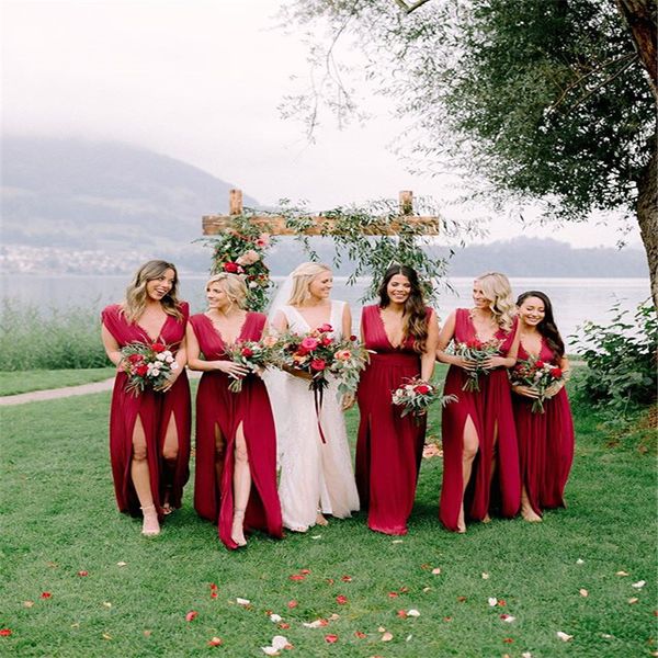 red v-neck chiffon bridesmaid dresses with split for maid of honors simple bridal party gowns, White;pink
red v-neck chiffon bridesmaid dresses with split for maid of honors simple bridal party gowns, White;pink