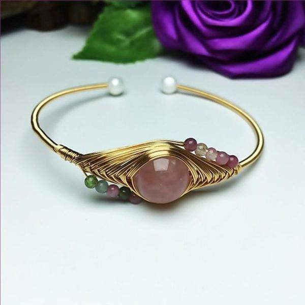 fyjs unique light yellow gold color wire wrap rose pink quartz open bangle green turquoises stone jewelry, Black
fyjs unique light yellow gold color wire wrap rose pink quartz open bangle green turquoises stone jewelry, Black