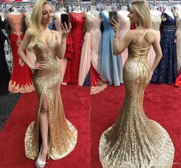 new sparkly champagne sequined mermaid prom dress cross straps back hollow deep v neck high slit long formal dress evening party gowns, Black
new sparkly champagne sequined mermaid prom dress cross straps back hollow deep v neck high slit long formal dress evening party gowns, Black