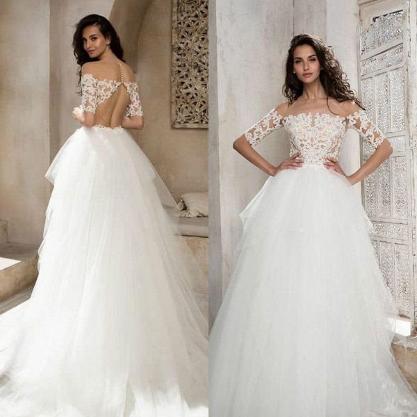 elegant lace wedding dresses off shoulder short sleeve bridal gowns backless tulle a line wedding dress, White
elegant lace wedding dresses off shoulder short sleeve bridal gowns backless tulle a line wedding dress, White