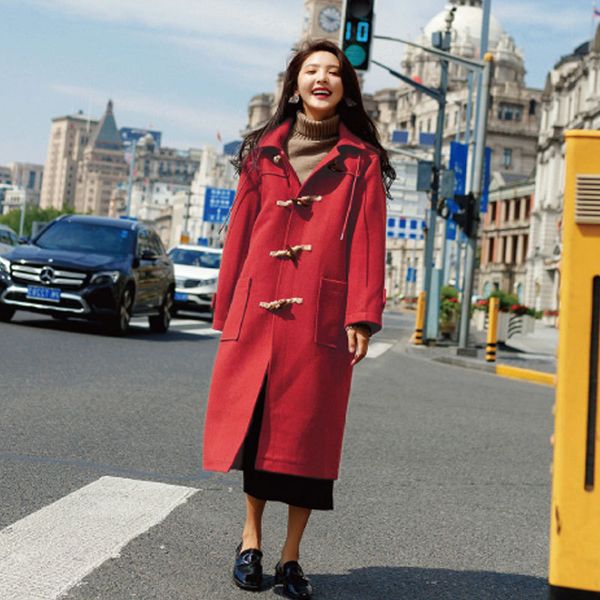 casual horn buckle long wool blend ladies coat loose pockets women's jacket solid hooded korean womens fashion coat, Black 
casual horn buckle long wool blend ladies coat loose pockets women's jacket solid hooded korean womens fashion coat, Black