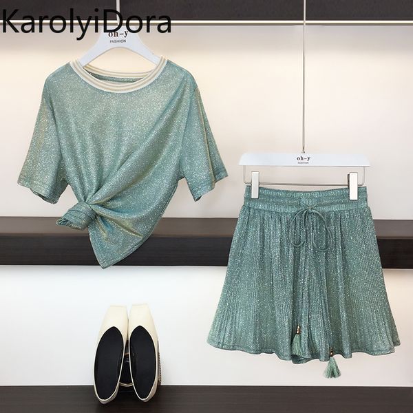 fashion summer bling glitter two piece set women short sleeve loose t-shirt + elastic waist lace-up pleated wide-leg shorts set, White
fashion summer bling glitter two piece set women short sleeve loose t-shirt + elastic waist lace-up pleated wide-leg shorts set, White