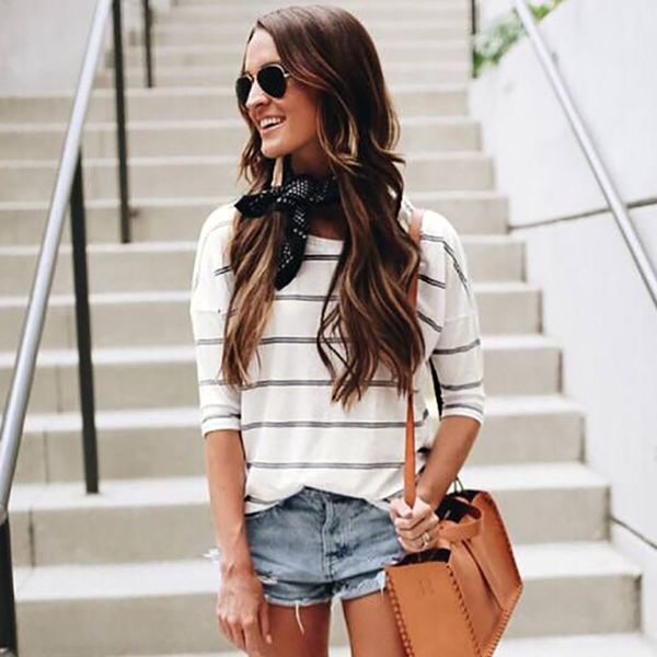 womens casual loose o neck casual wild elbow sleeve stripe ropa verano mujer, White
womens casual loose o neck casual wild elbow sleeve stripe ropa verano mujer, White