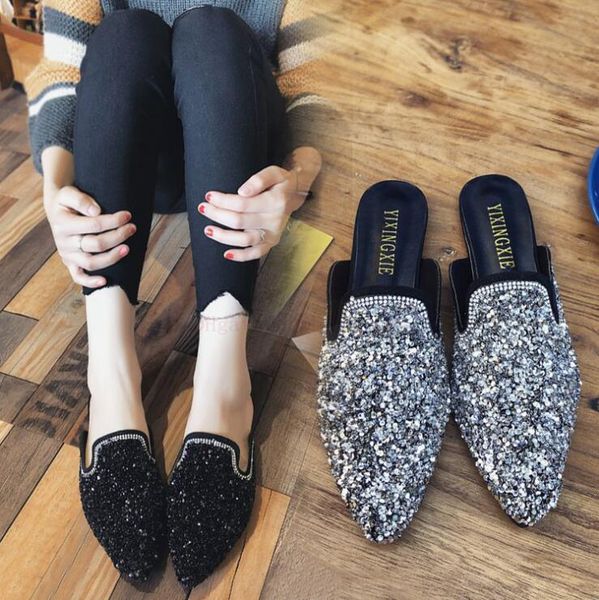 women slipper 2018 summer new sandals female slipper rough point tip bottom the cool drag women shoes diamond sequins flats ing, Black
women slipper 2018 summer new sandals female slipper rough point tip bottom the cool drag women shoes diamond sequins flats ing, Black
