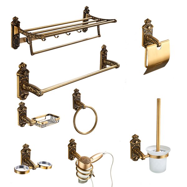 bathroom accessories antique brass bathroom shelf, towel ring, paper holder, toilet brush, coat hook, bath rack, soap dish
bathroom accessories antique brass bathroom shelf, towel ring, paper holder, toilet brush, coat hook, bath rack, soap dish