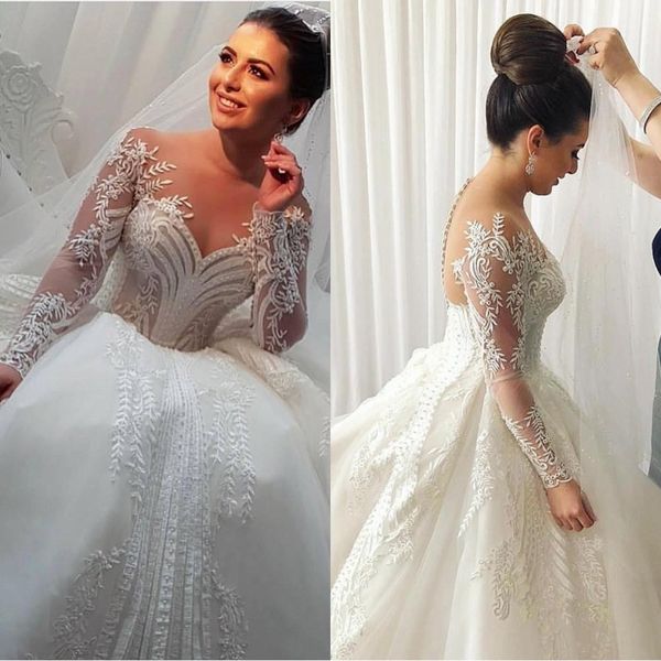 2020 new long sleeve wedding dresses sheer neck appliques tulle beads bridal gowns elegant buttons back ball gown wedding dress plus size, White
2020 new long sleeve wedding dresses sheer neck appliques tulle beads bridal gowns elegant buttons back ball gown wedding dress plus size, White