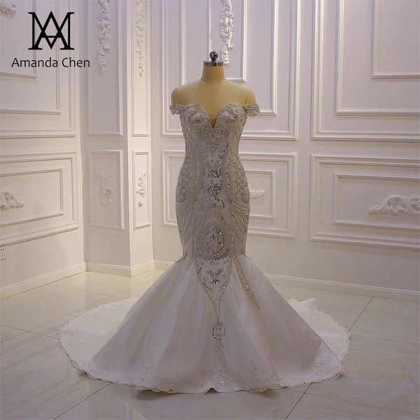 real pictures crystal beaded mermaid wedding dresses vintage off shoulder pears open back plus size bridal gown sweep train, White
real pictures crystal beaded mermaid wedding dresses vintage off shoulder pears open back plus size bridal gown sweep train, White