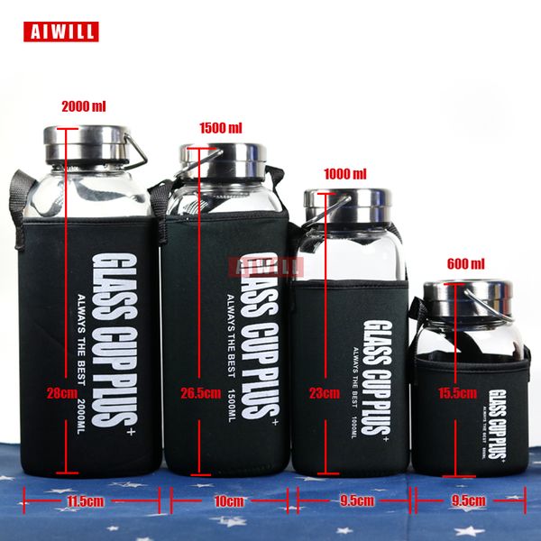 aiwill glass water bottle 2000ml/ 1500ml/1000ml/600ml outdoor transparent portable large-capacity glass bottles gift with bag
aiwill glass water bottle 2000ml/ 1500ml/1000ml/600ml outdoor transparent portable large-capacity glass bottles gift with bag