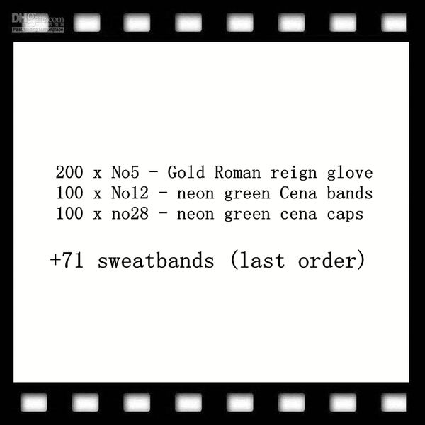 200 x no5 gold glove 100 x no12 neon green cena band 100 x no28 neon green cena cap 200 x no5 gold glove 100 x no12 neon green cena band 100 x no28 neon green cena cap