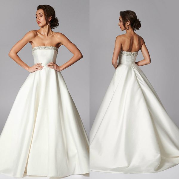 modest a line wedding dresses strapless sleeveless beads satin plus size wedding dress sweep train robes de mariée, White
modest a line wedding dresses strapless sleeveless beads satin plus size wedding dress sweep train robes de mariée, White