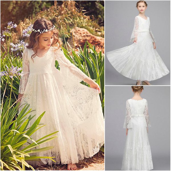 2019 new lovely white lace designer kids dresses plunge v neckline with long trumpet sleeve ankle length holy communion gowns, White;blue
2019 new lovely white lace designer kids dresses plunge v neckline with long trumpet sleeve ankle length holy communion gowns, White;blue