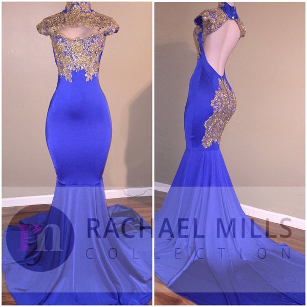 gorgeous gold appliques royal blue mermaid prom dresses high neck sequins open back long evening gowns ba9010, Black
gorgeous gold appliques royal blue mermaid prom dresses high neck sequins open back long evening gowns ba9010, Black