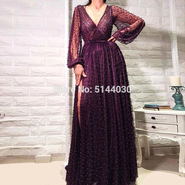 long sleeves purple evening dresses luxury arabic elegant a line v neck pearls lace 2019 robe longue soiree noire, White;black
long sleeves purple evening dresses luxury arabic elegant a line v neck pearls lace 2019 robe longue soiree noire, White;black