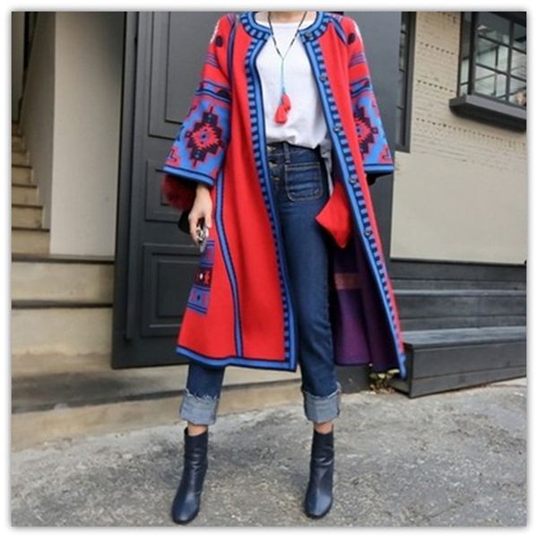 2019 womens autumn winter long jacket folk style geometric pattern knitted cardigans long sleeve loose sweater outwear, Black;brown
2019 womens autumn winter long jacket folk style geometric pattern knitted cardigans long sleeve loose sweater outwear, Black;brown