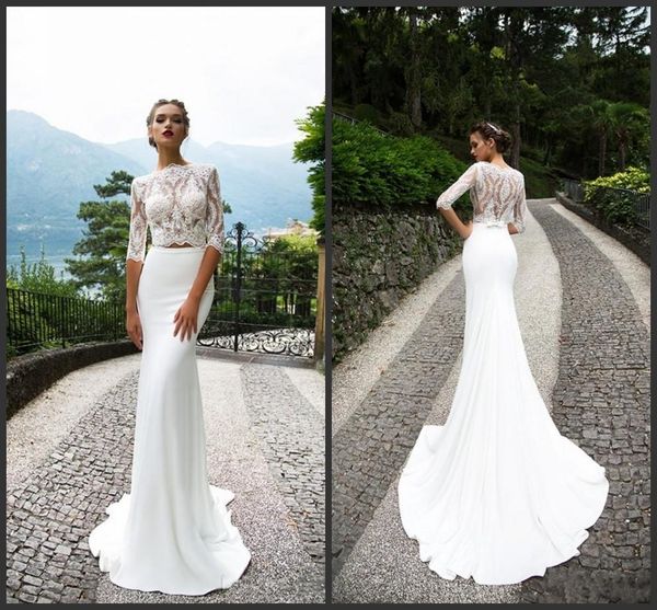 2020 new milla nova lace two pieces wedding dresses with half sleeves mermaid bateau neck trumpet bridal gowns court train wedding dress 710, White
2020 new milla nova lace two pieces wedding dresses with half sleeves mermaid bateau neck trumpet bridal gowns court train wedding dress 710, White