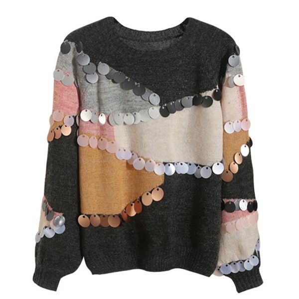 women sequined sweater and pullovers long sleeved korean fashion knit mohair sweater loose spliced jumper sueter mujer, White;black
women sequined sweater and pullovers long sleeved korean fashion knit mohair sweater loose spliced jumper sueter mujer, White;black