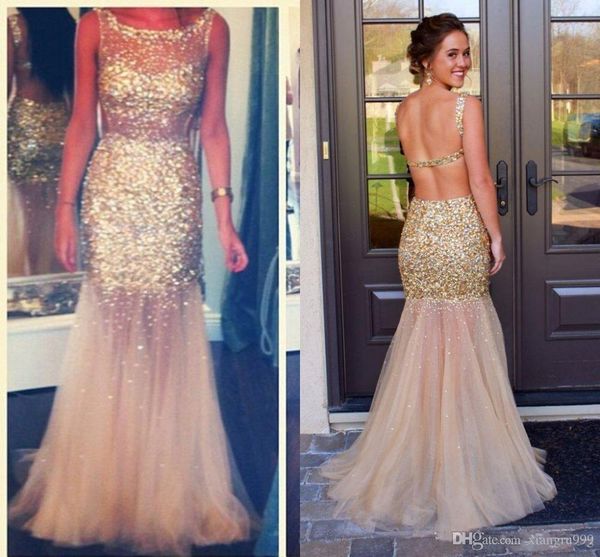setwell bling gold mermaid evening dresses sheer neck crystal beaded backless gowns floor length soft tulle prom dress, Black;red
setwell bling gold mermaid evening dresses sheer neck crystal beaded backless gowns floor length soft tulle prom dress, Black;red