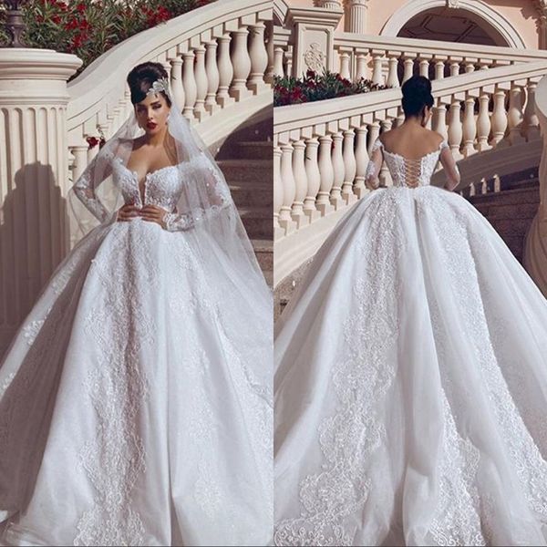 off shoulder lace appliques a-line wedding dresses 2022 luxurious beaded bridal gowns princess long sleeves vestidos de mariee plus size, White
off shoulder lace appliques a-line wedding dresses 2022 luxurious beaded bridal gowns princess long sleeves vestidos de mariee plus size, White