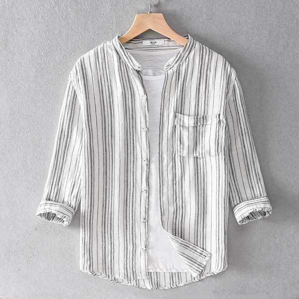 men's casual shirts 2021 summer pure linen three-quarter sleeve shirt men stand collar loose striped for fashion mens camisa, White;black
men's casual shirts 2021 summer pure linen three-quarter sleeve shirt men stand collar loose striped for fashion mens camisa, White;black