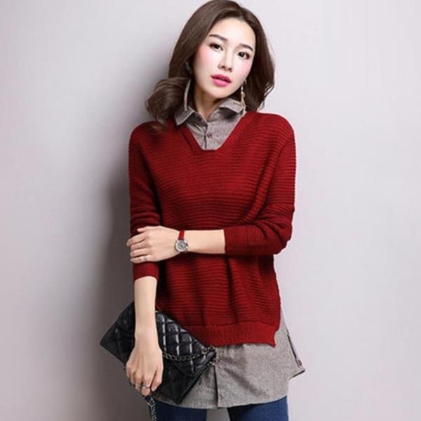 2019 new women fake two-piece shirt turn-down collar sweater slim fashion clothing women sweater pullovers female lm28, White;black