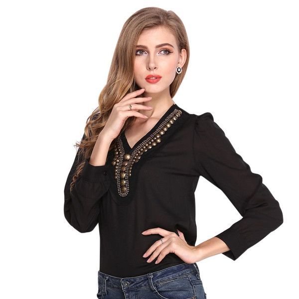 women chiffon blouse deep v neck beading retro lady shirts loose plus size long sleeve female blouse blusas, White
women chiffon blouse deep v neck beading retro lady shirts loose plus size long sleeve female blouse blusas, White