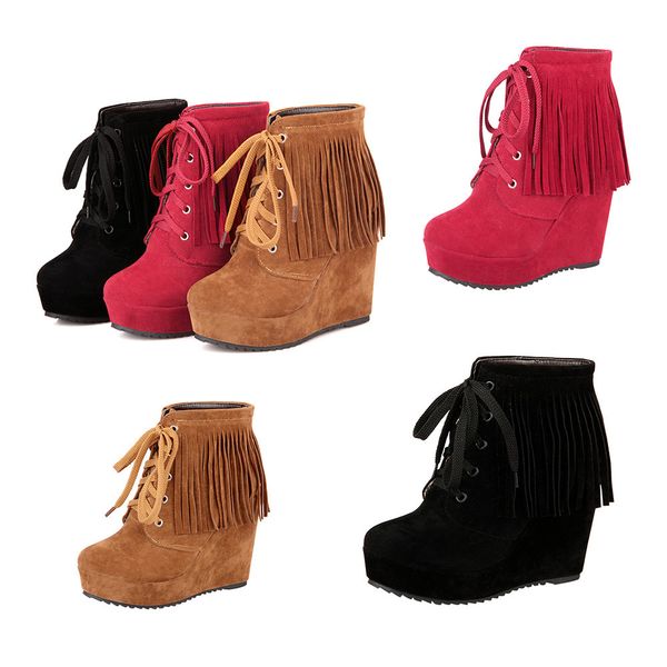 fashion women's fringed high heel wedge short boots tassel high heel laced women's boots keep warm wild winter, Black
fashion women's fringed high heel wedge short boots tassel high heel laced women's boots keep warm wild winter, Black