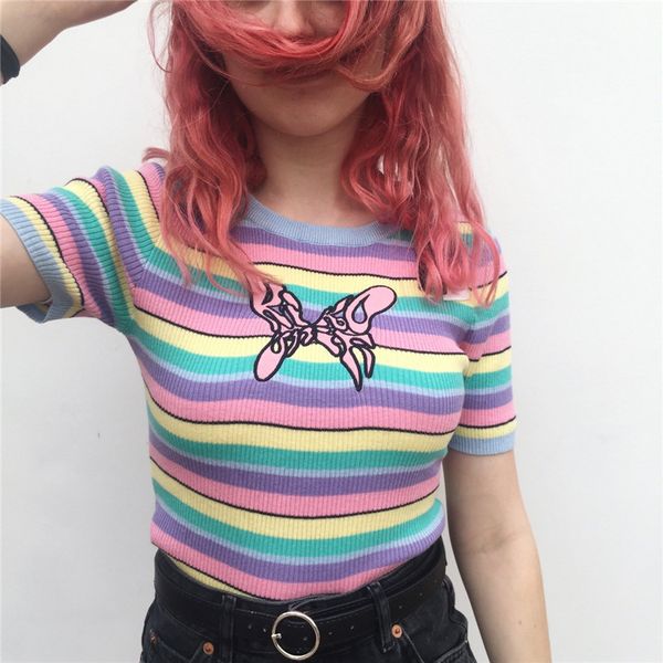 harajuku pastel stripe knit with embroidered butterfly short sleeve ribbed crop sweater women frost, White;black
harajuku pastel stripe knit with embroidered butterfly short sleeve ribbed crop sweater women frost, White;black