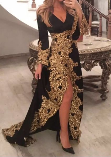 black and gold lace evening dresses formal gowns long sleeves deep v neck luxury designer side split prom african dress, Black;red
black and gold lace evening dresses formal gowns long sleeves deep v neck luxury designer side split prom african dress, Black;red