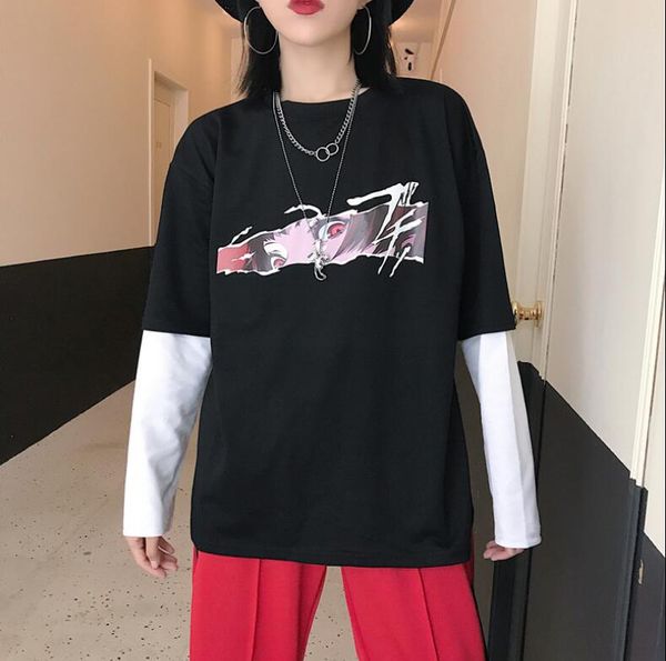 cartoon loose long-sleeved fake two piece sweatshirt, Black
