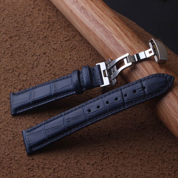 

leather genuine watchbands straps dark blue silver butterfly buckles clasp 14mm 15mm 16mm 17mm 18mm 19mm 20mm 22mm, Black;brown
